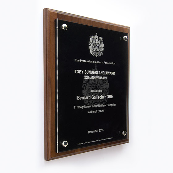 Corporate award - A4 Quality Wooden Plaques made from Solid North American Walnut - Glass effect acrylics - Black with Etched logo